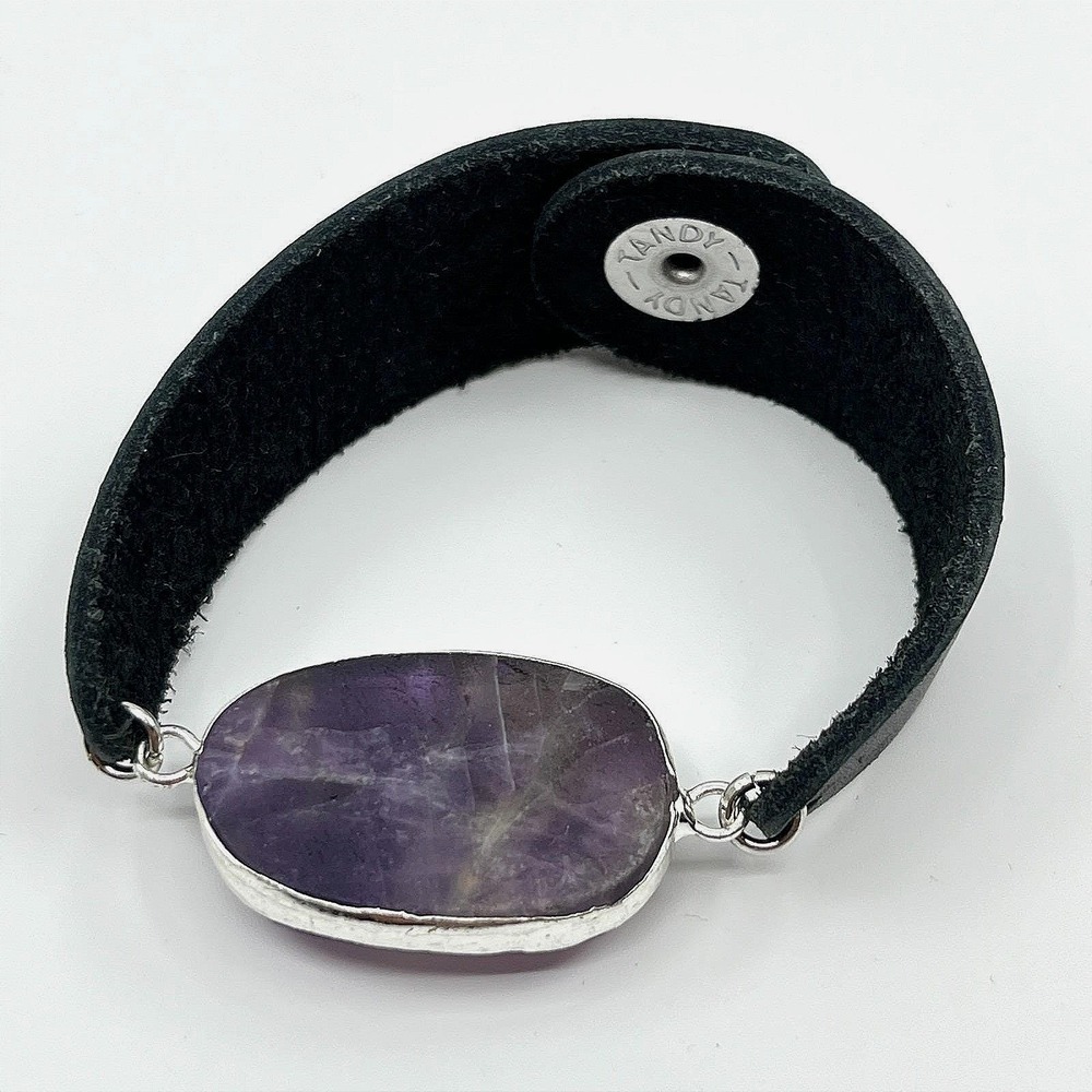 Vintage Tandy Black Leather Amethyst Druzy Cuff Bracelet Boho Silver‎ Tone Snap